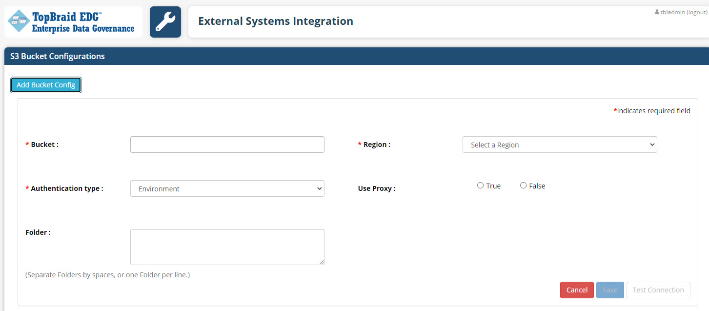 TopBraid EDG S3 Bucket Configuration Page