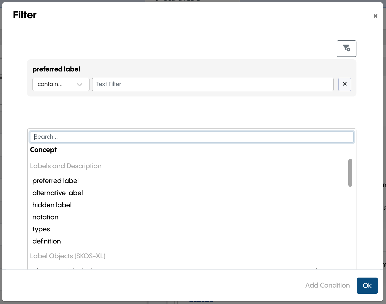 TopBraid EDG Searching for Assets Filter Dialog