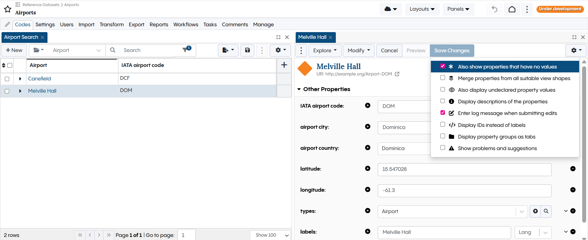 TopBraid EDG Codes Tab - Save Changes to Melville Hall