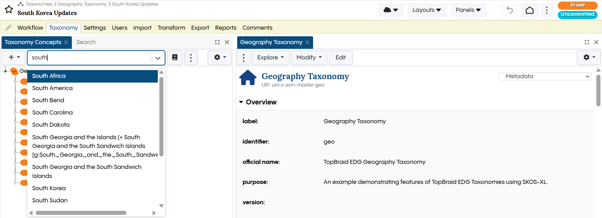 TopBraid EDG Geography Taxonomy Search Options