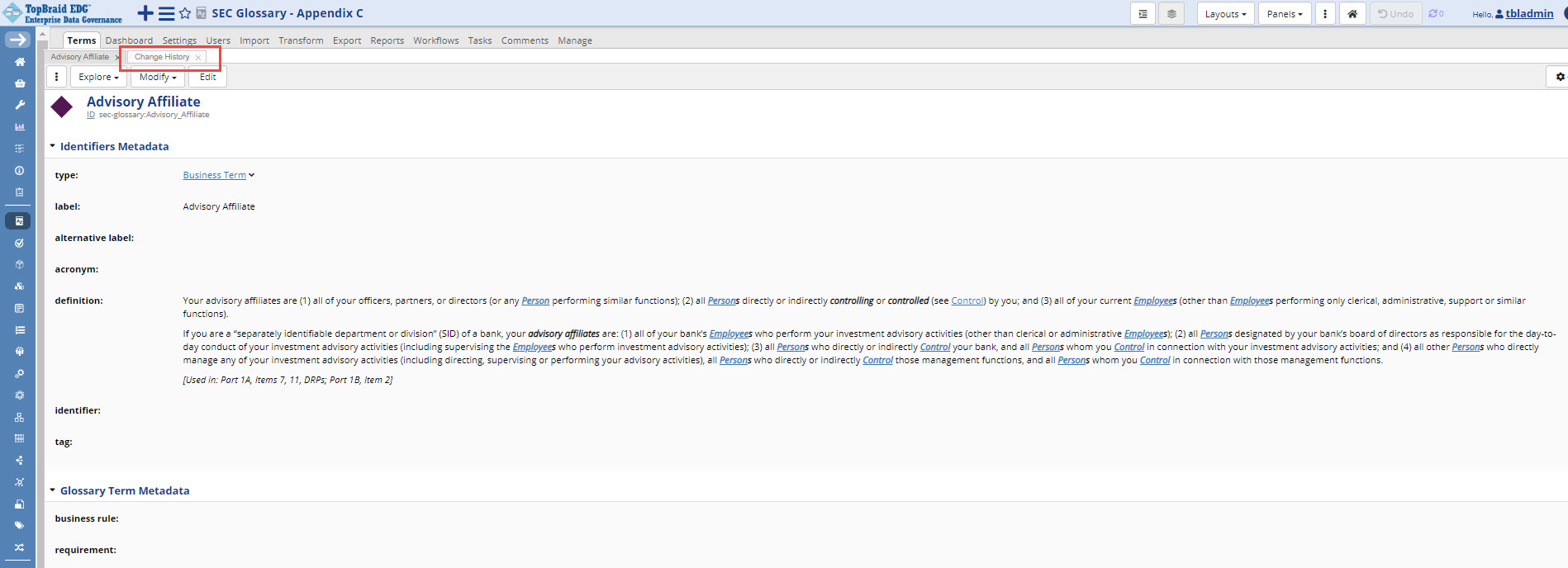 Advisory Affiliate Change History Page