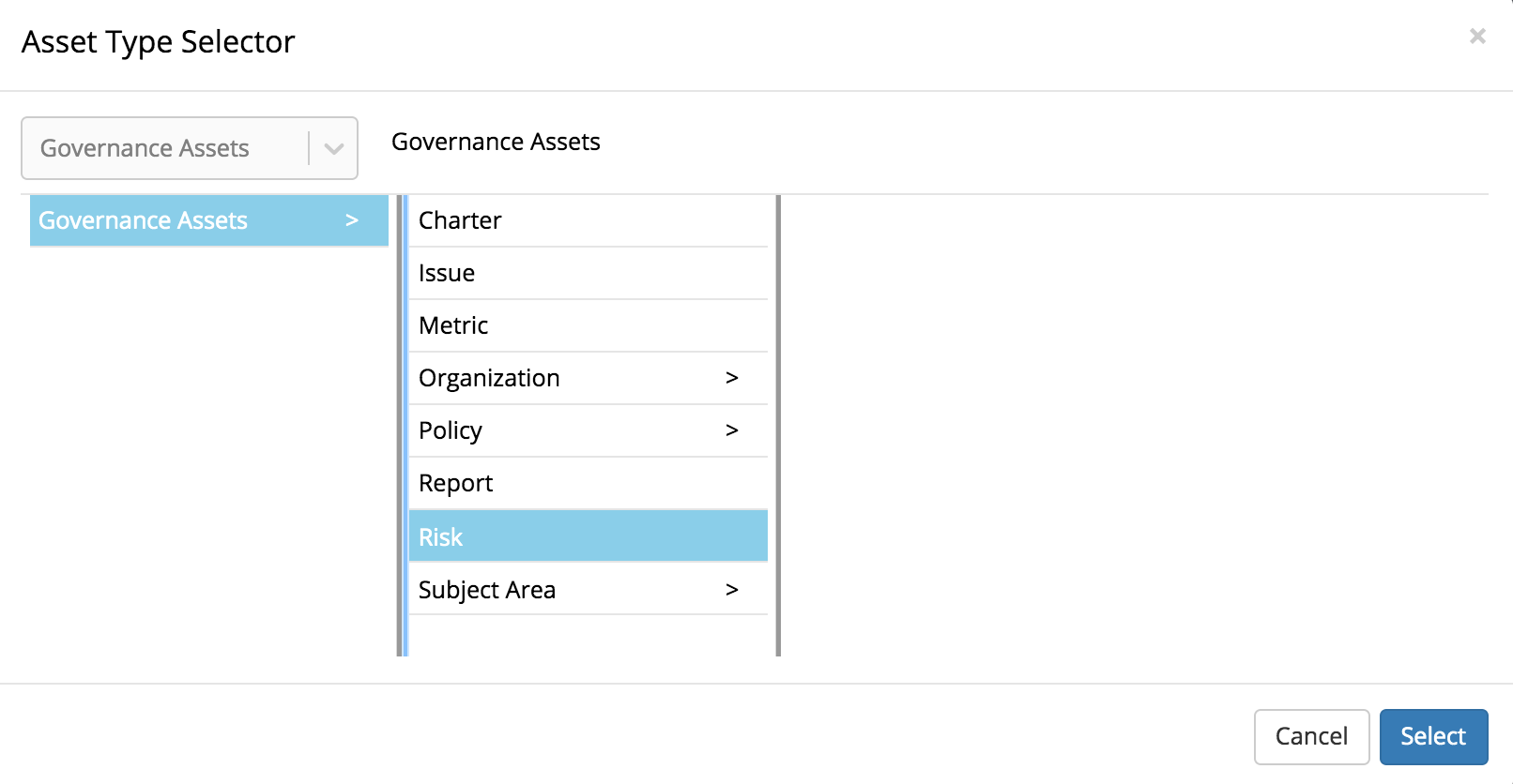 Asset Type Selector Dropdown
