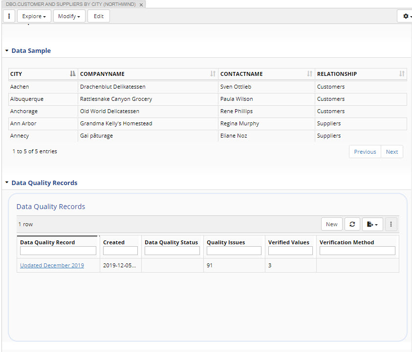 Data Sample & Data Quality Records Tables