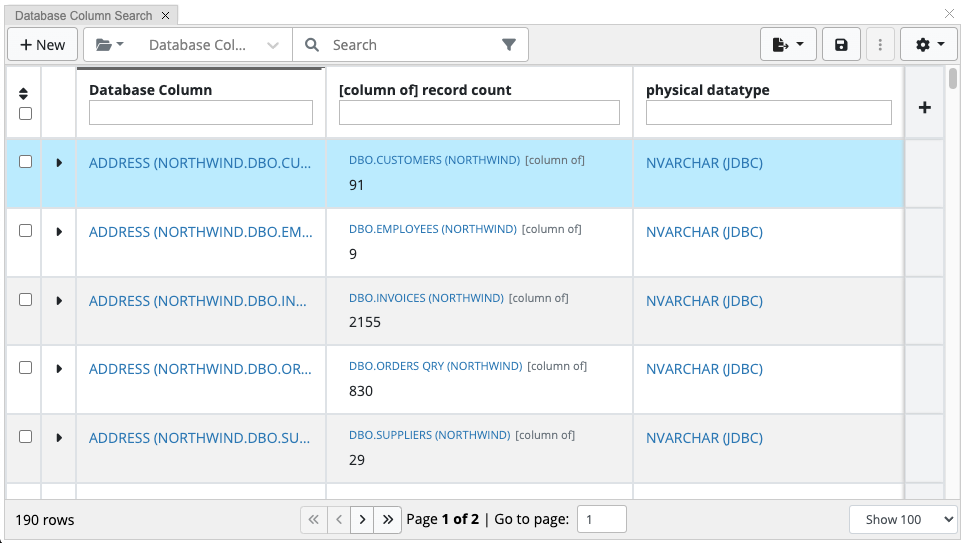 Database Column Search Panel