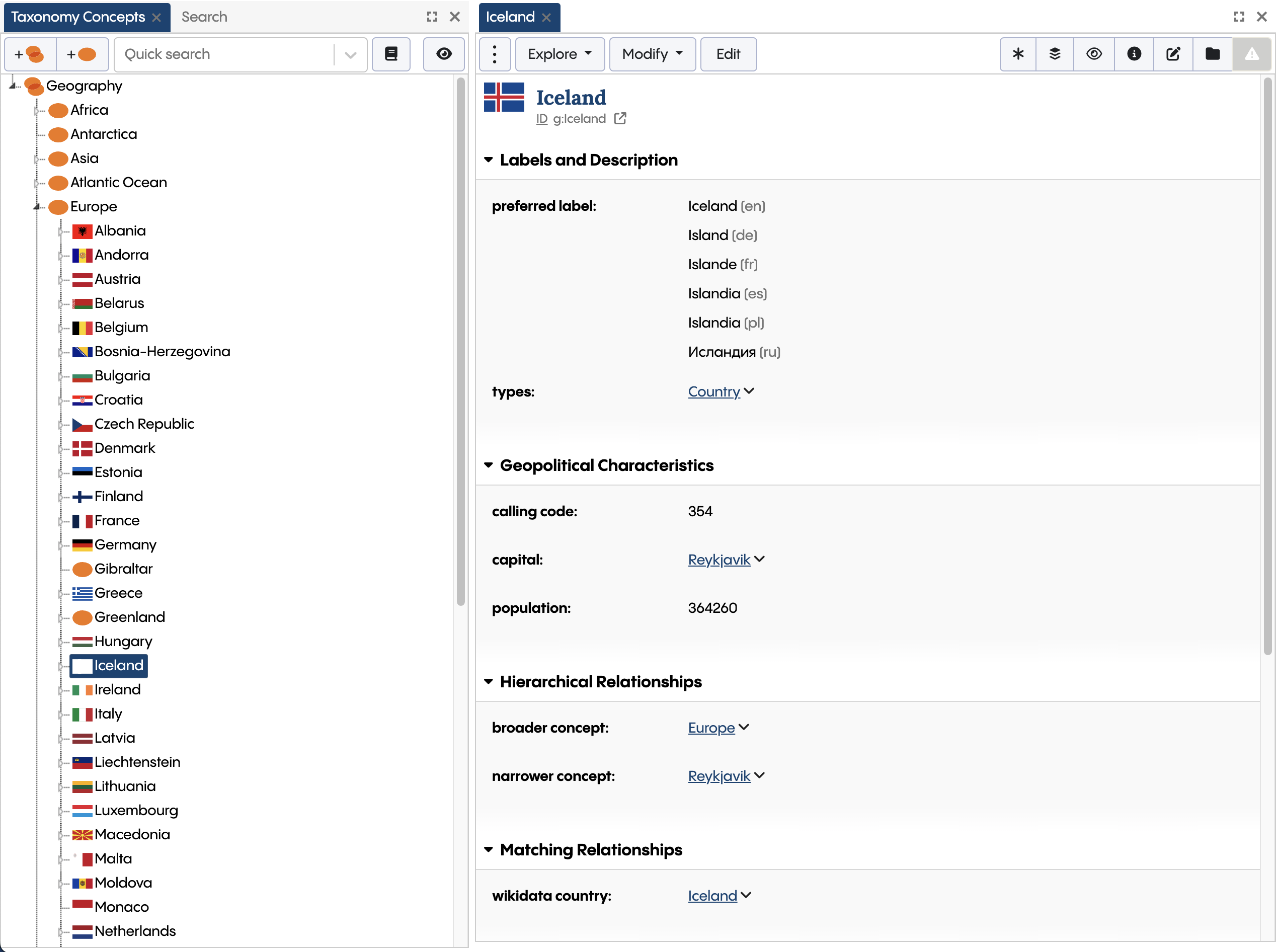 Screenshot showing the link from the local Iceland asset to its Wikidata twin