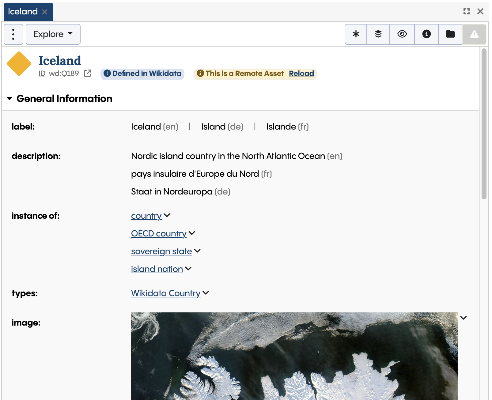 Screenshot showing the details of the Wikidata country Iceland