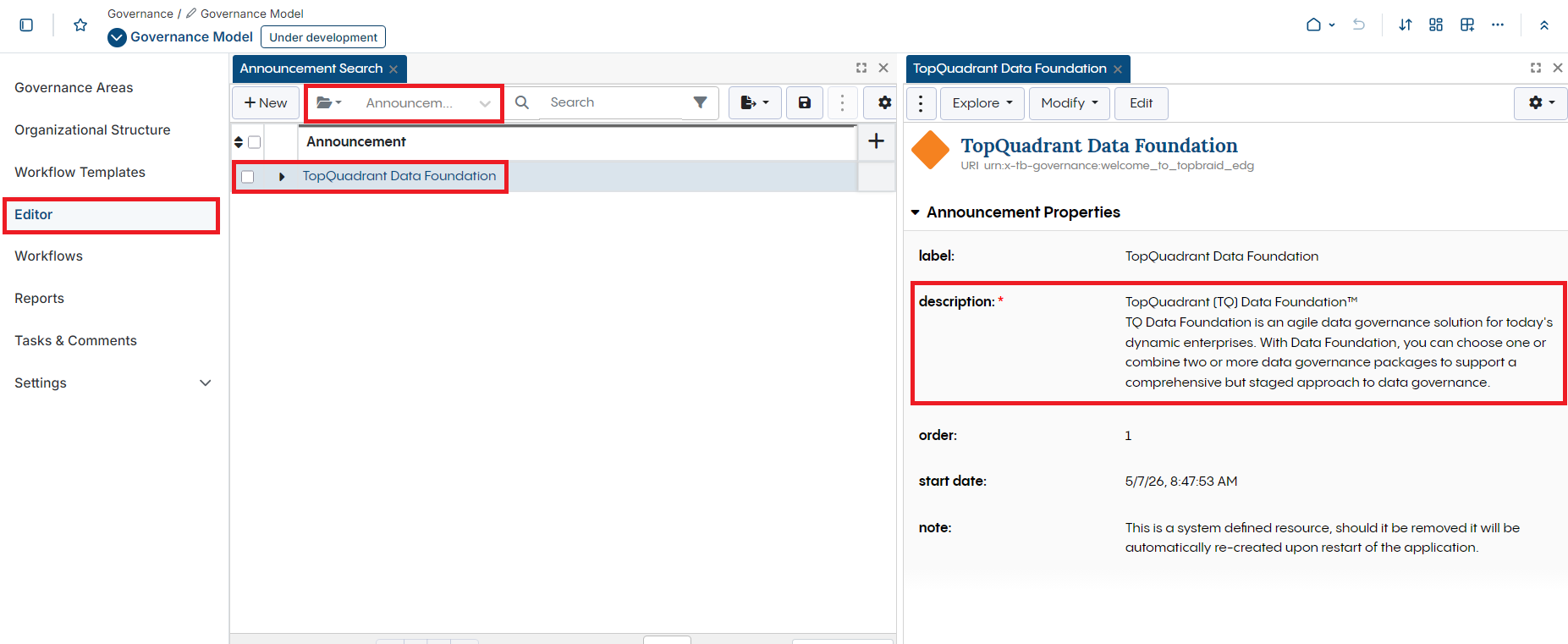 Announcements Modification Page