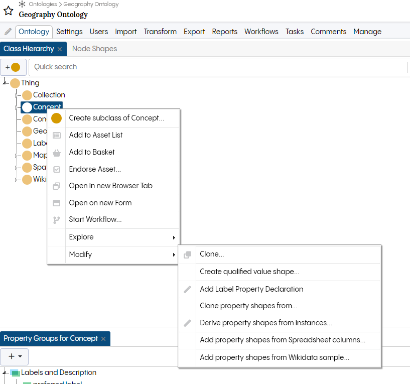 TopBraid EDG Ontology Modify Menu