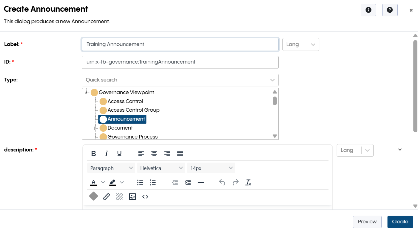 Create Announcement Form