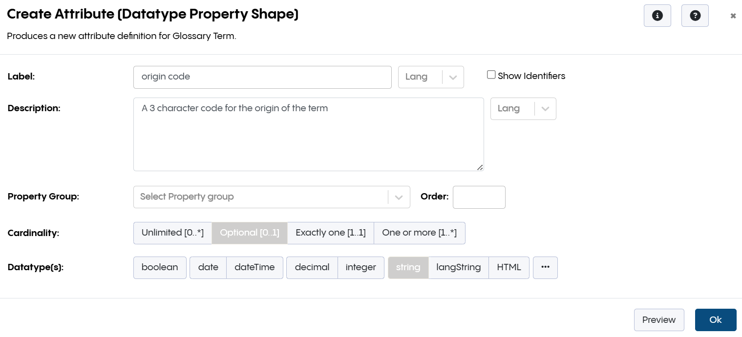 TopBraid EDG Glossary - Create Attribute Dialog