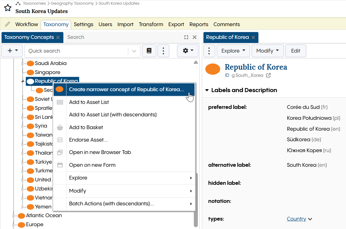 TopBraid EDG Create Narrower Concept Menu