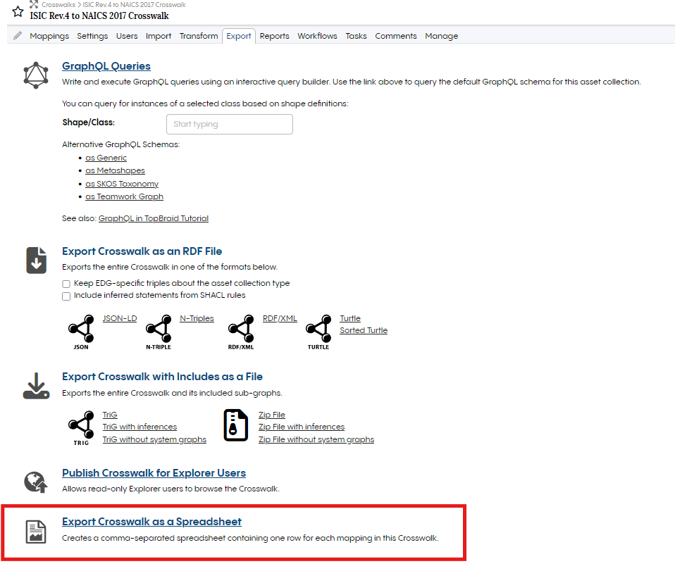 TopBraid EDG Export Crosswalk as a Spreadsheet Option