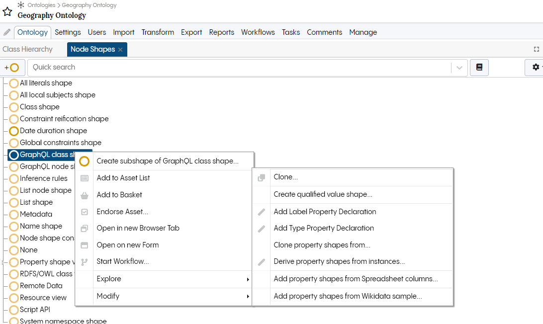TopBraid EDG Node Shape Modify Menu