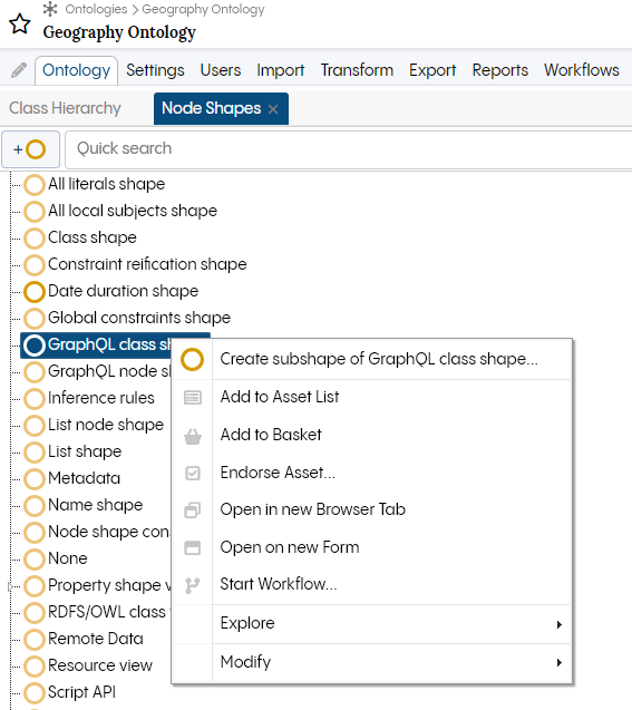 TopBraid EDG Node Shape Right Click Options