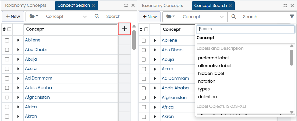 Search Results Panel Column Selection