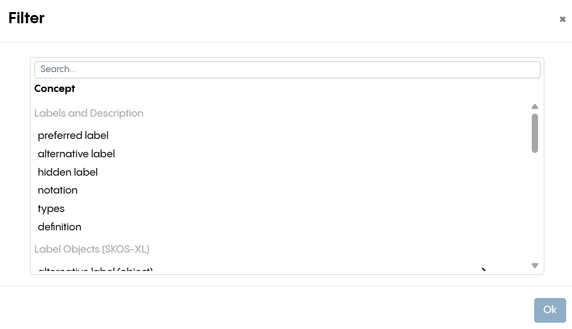 Searching for Assets Filter Dialog