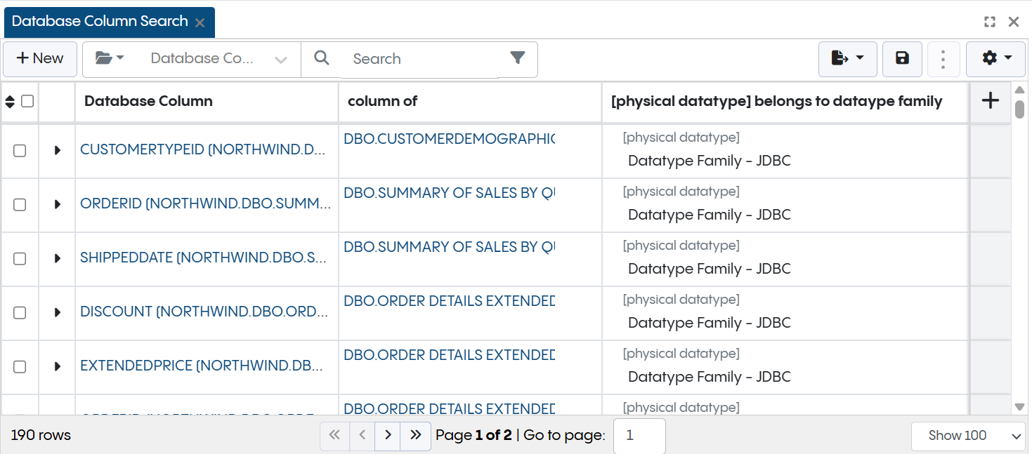 Database Column Search Panel